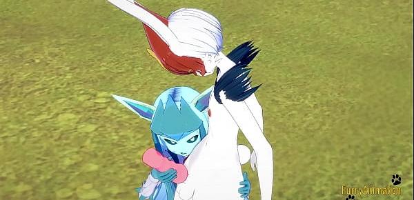  Pokemon Hentai Furry Yiff 3D - Glaceon handjob and fucked by Cinderace with creampie